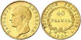 1806. Francia. Napoleón. A (París). 40 francos. (Fr. 481) (Kr. 675.1). 12,86 g. AU. "Napoleón empereur". Parte de brillo original. EBC-.