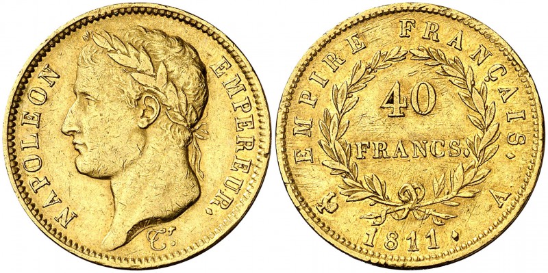 1811. Francia. Napoleón. A (París). 40 francos. (Fr. 505) (Kr. 696.1). 12,81 g. ...