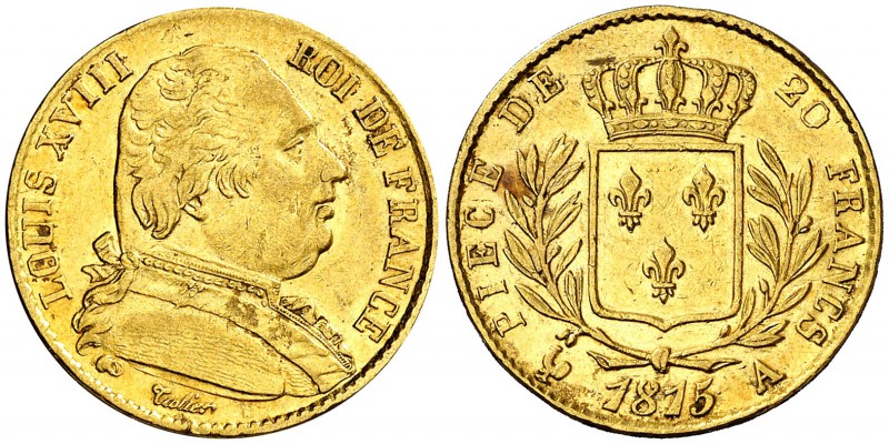 1815. Francia. Luis XVIII. A (París). 20 francos. (Fr. 525) (Kr. 706.1). 6,42 g....