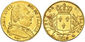 1815. Francia. Luis XVIII. A (París). 20 francos. (Fr. 525) (Kr. 706.1). 6,42 g. AU. EBC-.