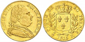 1815. Francia. Luis XVIII. R (Londres). 20 francos. (Fr. 531) (Kr. 707). 6,38 g. AU. Rara. MBC+.