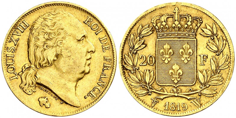 1819. Francia. Luis XVIII. W (Lille). 20 francos. (Fr. 539) (Kr. 712.9). 6,43 g....