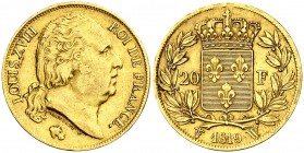 1819. Francia. Luis XVIII. W (Lille). 20 francos. (Fr. 539) (Kr. 712.9). 6,43 g. AU. MBC+.
