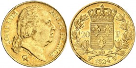 1824. Francia. Luis XVIII. W (Lille). 20 francos. (Fr. 539) (Kr. 712.9). 6,38 g. AU. Golpecitos. MBC+/EBC-.