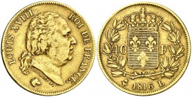 1816. Francia. Luis XVIII. L (Bayona). 40 francos. (Fr. 534) (Kr. 713.4). 12,75 g. AU. Escasa. MBC-/MBC.