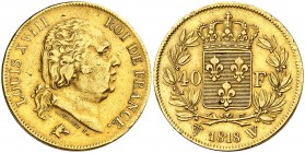 1818. Francia. Luis XVIII. W (Lille). 40 francos. (Fr. 536) (Kr. 713.6). 12,82 g. AU. Golpecitos. MBC/MBC+.