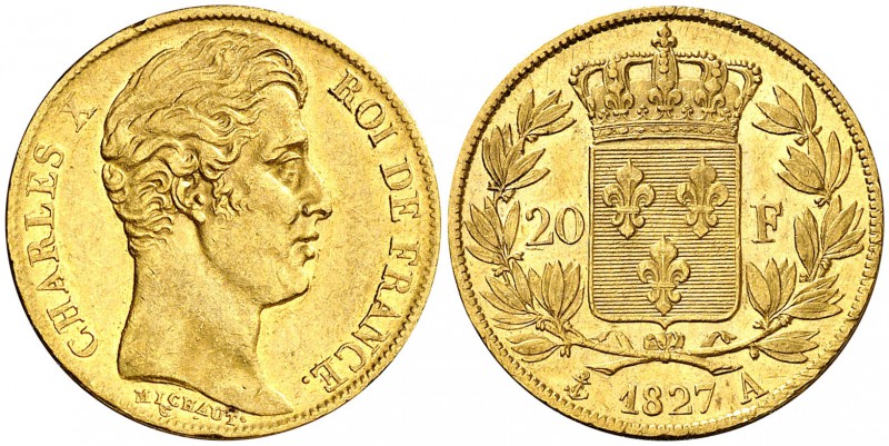 1827. Francia. Carlos X. A (París). 20 francos. (Fr. 549) (Kr. 726.1). 6,43 g. A...