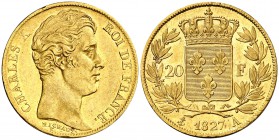 1827. Francia. Carlos X. A (París). 20 francos. (Fr. 549) (Kr. 726.1). 6,43 g. AU. Leves marquitas. Brillo original. EBC-/EBC.