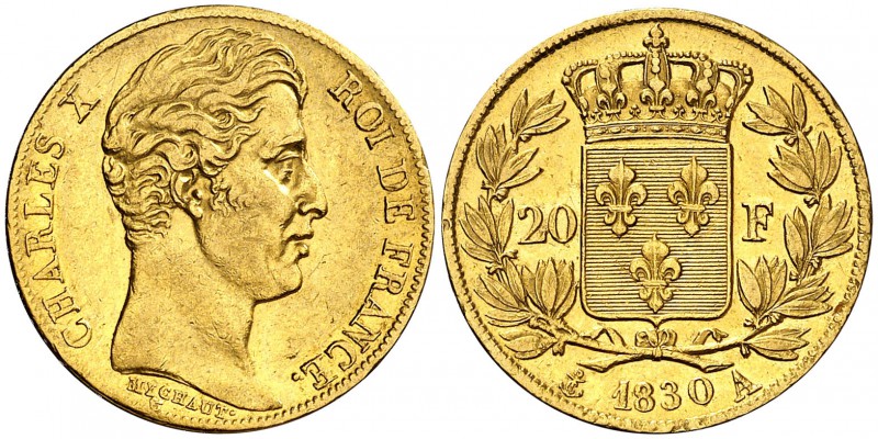 1830. Francia. Carlos X. A (París). 20 francos. (Fr. 549) (Kr. 726.1). 6,42 g. A...