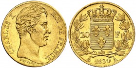 1830. Francia. Carlos X. A (París). 20 francos. (Fr. 549) (Kr. 726.1). 6,42 g. AU. Bella. EBC.