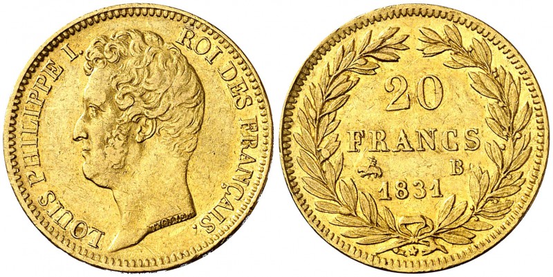 1831. Francia. Luis Felipe I. B (Rouen). 20 francos. (Fr. 554a) (Kr. 746.2). 6,3...