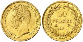 1831. Francia. Luis Felipe I. B (Rouen). 20 francos. (Fr. 554a) (Kr. 746.2). 6,34 g. AU. EBC-.