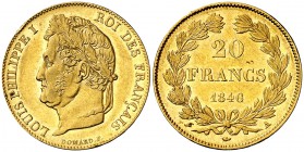 1846. Francia. Luis Felipe I. A (París). 20 francos. (Fr. 560) (Kr. 750.1). 6,42 g. AU. Bella. Brillo original. EBC.