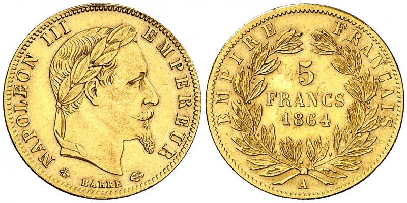 1864. Francia. Napoleón III. A (París). 5 francos. (Fr. 588) (Kr. 803.1). 1,61 g...