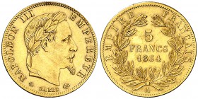 1864. Francia. Napoleón III. A (París). 5 francos. (Fr. 588) (Kr. 803.1). 1,61 g. AU. EBC-.