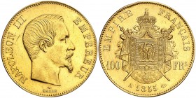 1855. Francia. Napoleón III. A (París). 100 francos. (Fr. 569) (Kr. 786.1). 32,19 g. AU. MBC+/EBC-.