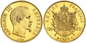 1856. Francia. Napoleón III. A (París). 100 francos. (Fr. 569) (Kr. 786.1). 32,24 g. AU. Leves golpecitos. Parte de brillo original. MBC+.