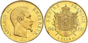 1858. Francia. Napoleón III. A (París). 100 francos. (Fr. 569) (Kr. 786.1). 32,22 g. AU. Golpecitos. Brillo original. (EBC-).
