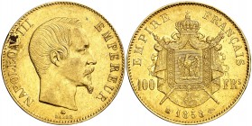 1858. Francia. Napoleón III. BB (Estrasburgo). 100 francos. (Fr. 570) (Kr. 786.2). 32,13 g. AU. MBC+.
