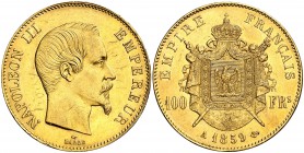 1859. Francia. Napoleón III. A (París). 100 francos. (Fr. 569) (Kr. 786.1). 32,18 g. AU. Leves golpecitos. Brillo original. EBC-.