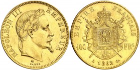 1862. Francia. Napoleón III. A (París). 100 francos. (Fr. 580) (Kr. 802.1). 32,21 g. AU. Leves golpecitos. EBC-.