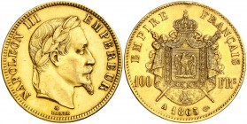 1865. Francia. Napoleón III. A (París). 100 francos. (Fr. 580) (Kr. 802.1). 32,20 g. AU. Golpecito. Atractiva. EBC-.