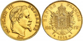 1868. Francia. Napoleón III. A (París). 100 francos. (Fr. 580) (Kr. 802.1). 32,20 g. AU. Leves golpecitos. Parte de brillo original. EBC-/EBC.