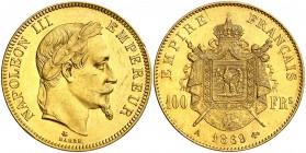 1869. Francia. Napoleón III. A (París). 100 francos. (Fr. 580) (Kr. 802.1). 32,22 g. AU. Golpecitos. Parte de brillo original. EBC-/EBC.