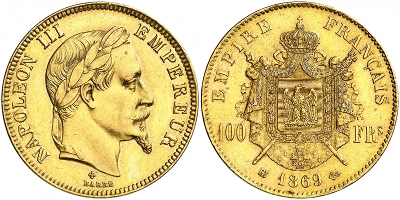 1869. Francia. Napoleón III. BB (Estrasburgo). 100 francos. (Fr. 580) (Kr. 802.1...