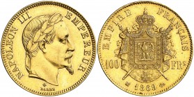 1869. Francia. Napoleón III. BB (Estrasburgo). 100 francos. (Fr. 580) (Kr. 802.1). 32,22 g. AU. Leves golpecitos. Parte de brillo original. EBC-.