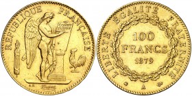 1879. Francia. III República. A (París). 100 francos. (Fr. 590) (Kr. 832). 32,27 g. AU. Leves golpecitos. MBC+/EBC-.