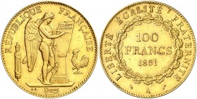 1881. Francia. III República. A (París). 100 francos. (Fr. 590) (Kr. 832). 32,23 g. AU. Leves golpecitos. MBC+.