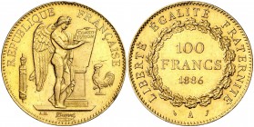 1886. Francia. III República. A (París). 100 francos. (Fr. 590) (Kr. 832). 32,22 g. AU. Leves golpecitos. Parte de brillo original. EBC-.