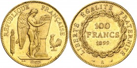 1899. Francia. III República. A (París). 100 francos. (Fr. 590) (Kr. 832). 32,23 g. AU. Leves golpecitos. EBC-.