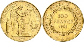 1901. Francia. III República. A (París). 100 francos. (Fr. 590) (Kr. 832). 32,20 g. AU. Leves marquitas. Parte de brillo original. EBC-.