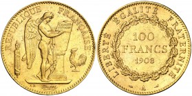 1908. Francia. III República. A (París). 100 francos. (Fr. 590) (Kr. 858). 32,22 g. AU. Leves golpecitos. Parte de brillo original. EBC-/EBC.