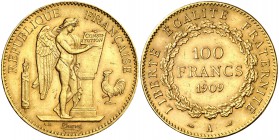1909. Francia. III República. A (París). 100 francos. (Fr. 590) (Kr. 858). 32,20 g. AU. Rayita. EBC-.