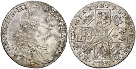 1787. Gran Bretaña. Jorge III. 1 chelín. (Kr. 607.2). 6,03 g. AG. Bella. Rara así. EBC+.
