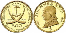1970. Guinea Ecuatorial. 500 pesetas. (Fr. 3) (Kr. 22). 7,06 g. AU. Juan XXIII. Acuñación de 1680 ejemplares. Escasa. Proof.
