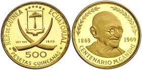 1970. Guinea Ecuatorial. 500 pesetas. (Fr. 6) (Kr. 25). 7,02 g. AU. Gandhi. Acuñación de 1680 ejemplares. Escasa. Proof.