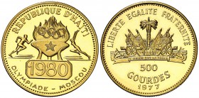 1977. Haití. 500 gourdes. (Fr. 34) (Kr. 141). 8,45 g. AU. Juegos Olímpicos - Moscú '80. Acuñación de 504 ejemplares. Escasa. Proof.