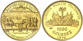 1974. Haití. 1000 gourdes. (Fr. 27) (Kr. 118.1). 12,96 g. AU. Bicentenario de los Estados Unidos. Acuñación de 480 ejemplares. Escasa. Proof.
