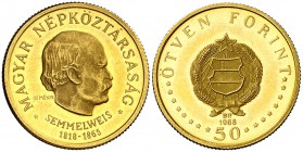 1968. Hungría. BP (Budapest). 50 florines. (Fr. 626) (Kr. 583). 4,20 g. AU. 150º Aniversario de Semmelweis. Proof.