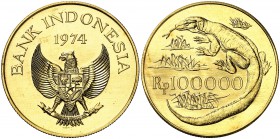1974. Indonesia. 100000 rupias. (Fr. 6) (Kr. 41). 33,59 g. AU. Conservación de la Naturaleza. Acuñación de 5333 ejemplares. Rara. S/C.