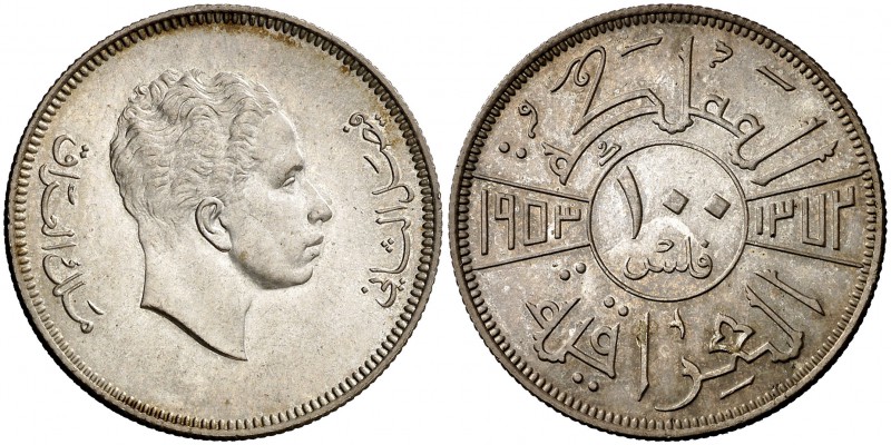 1953. Iraq. Faisal II. 100 fils. (Kr. 115). 10,02 g. AG. Bella. Escasa así. S/C-...