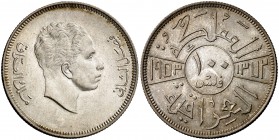 1953. Iraq. Faisal II. 100 fils. (Kr. 115). 10,02 g. AG. Bella. Escasa así. S/C-.