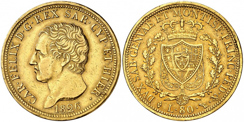 1826. Italia. Cerdeña. Carlos Félix. Turín. L. 80 liras. (Fr. 1132) (Kr. 108.1)....