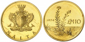 1974. Malta. 10 liras. (Fr. 57) (Kr. 26). 2,99 g. AU. Proof.