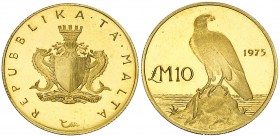 1975. Malta. 10 liras. (Fr. 60) (Kr. 34). 3,02 g. AU. Proof.