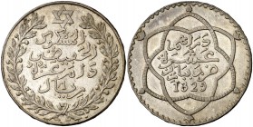 Año 1 (1911). Marruecos. Abd al-Hafiz. París. 1 rial. (Kr. 25). 25,08 g. AG. Bella. Brillo original. EBC.